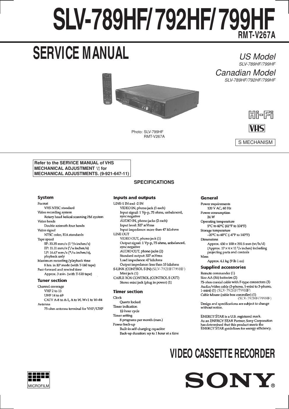 sony slv 789 hf service manual