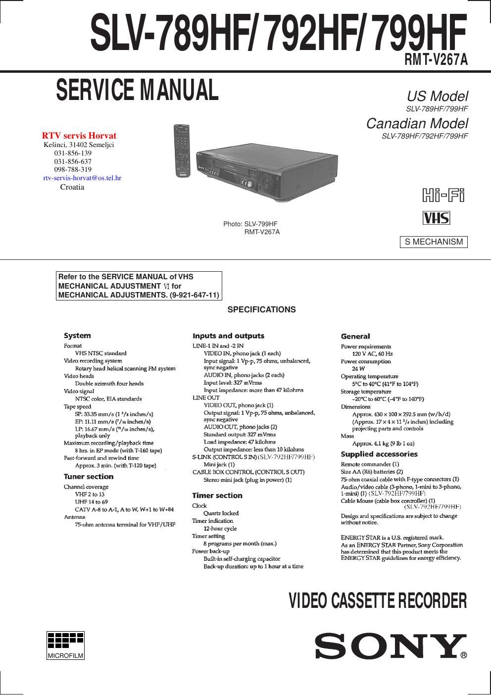 sony slv 792 hf service manual