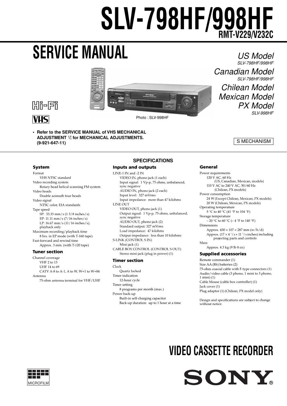 sony slv 798 hf service manual