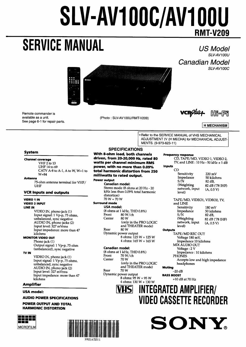 sony slv  av 100 c service manual