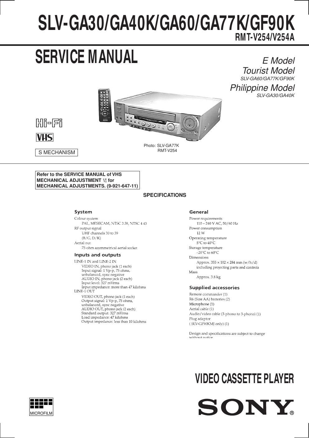 sony slv ga 77 k service manual