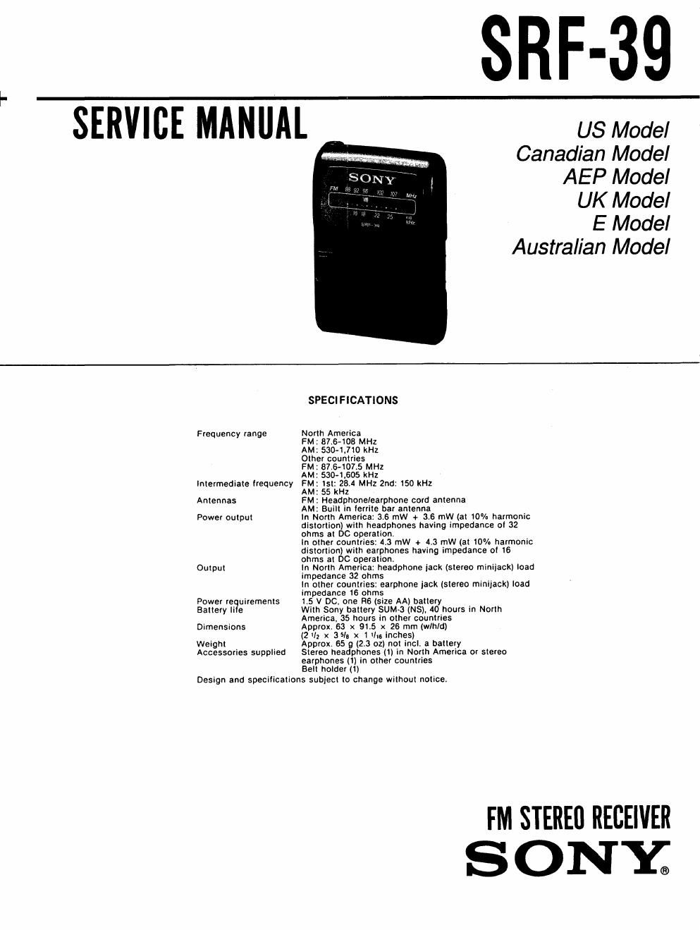 sony srf 39 service manual