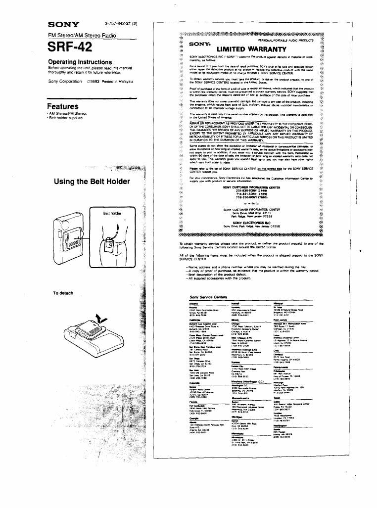 sony srf 42 owners manual