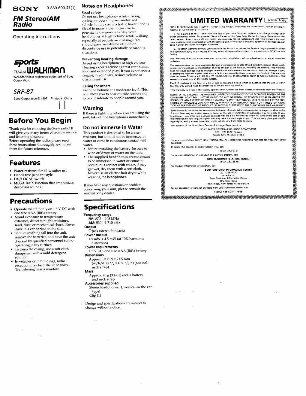 sony srf 87 owners manual