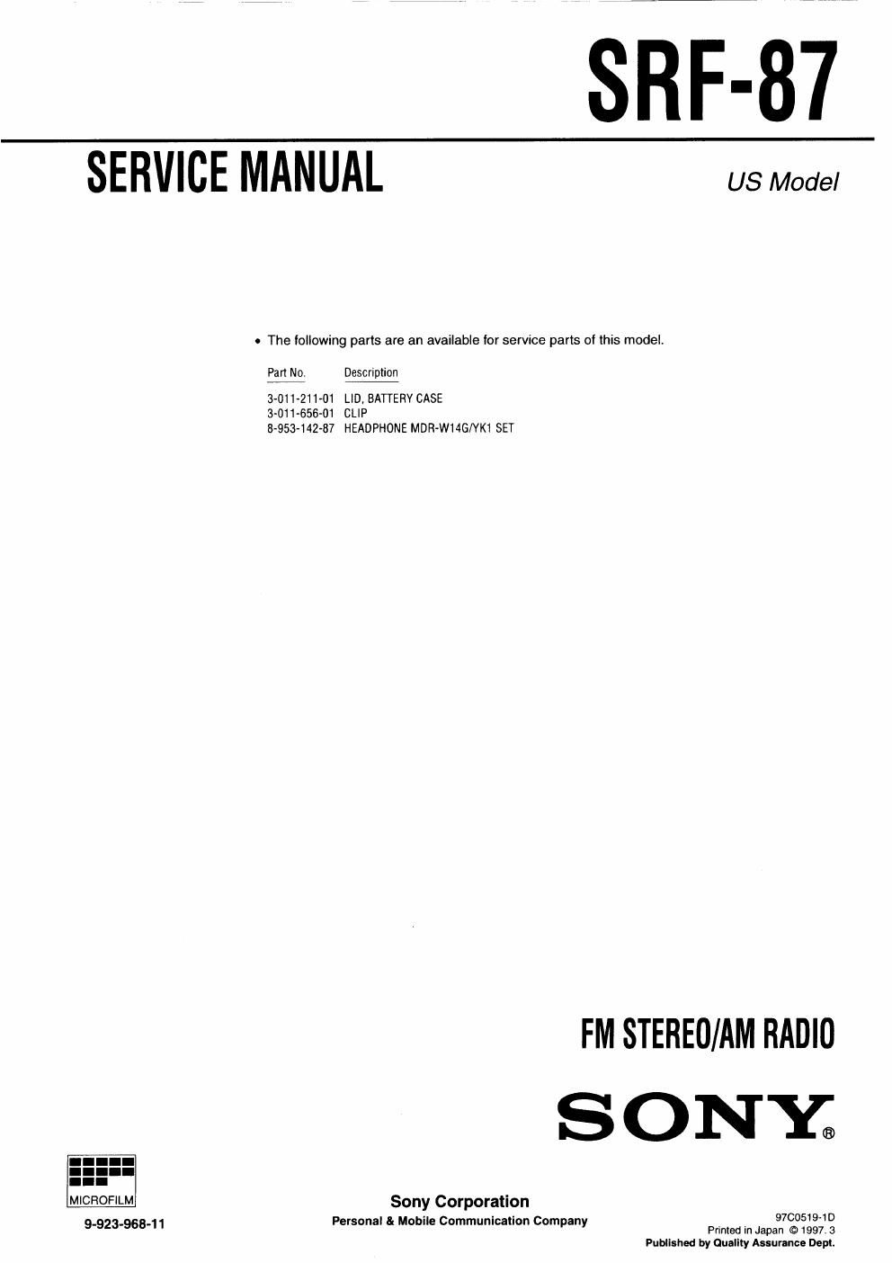 sony srf 87 service manual