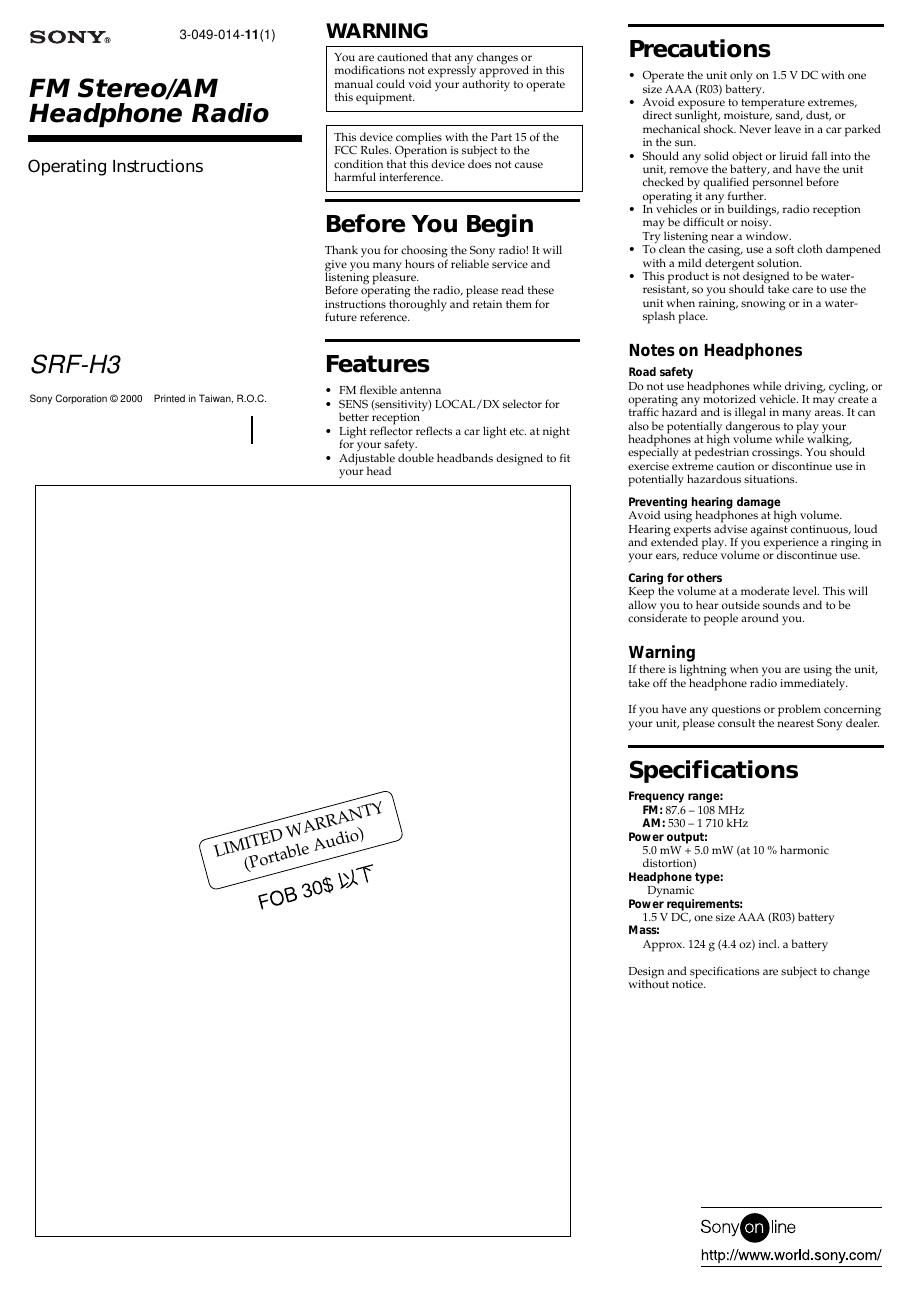 sony srf h 3 owners manual
