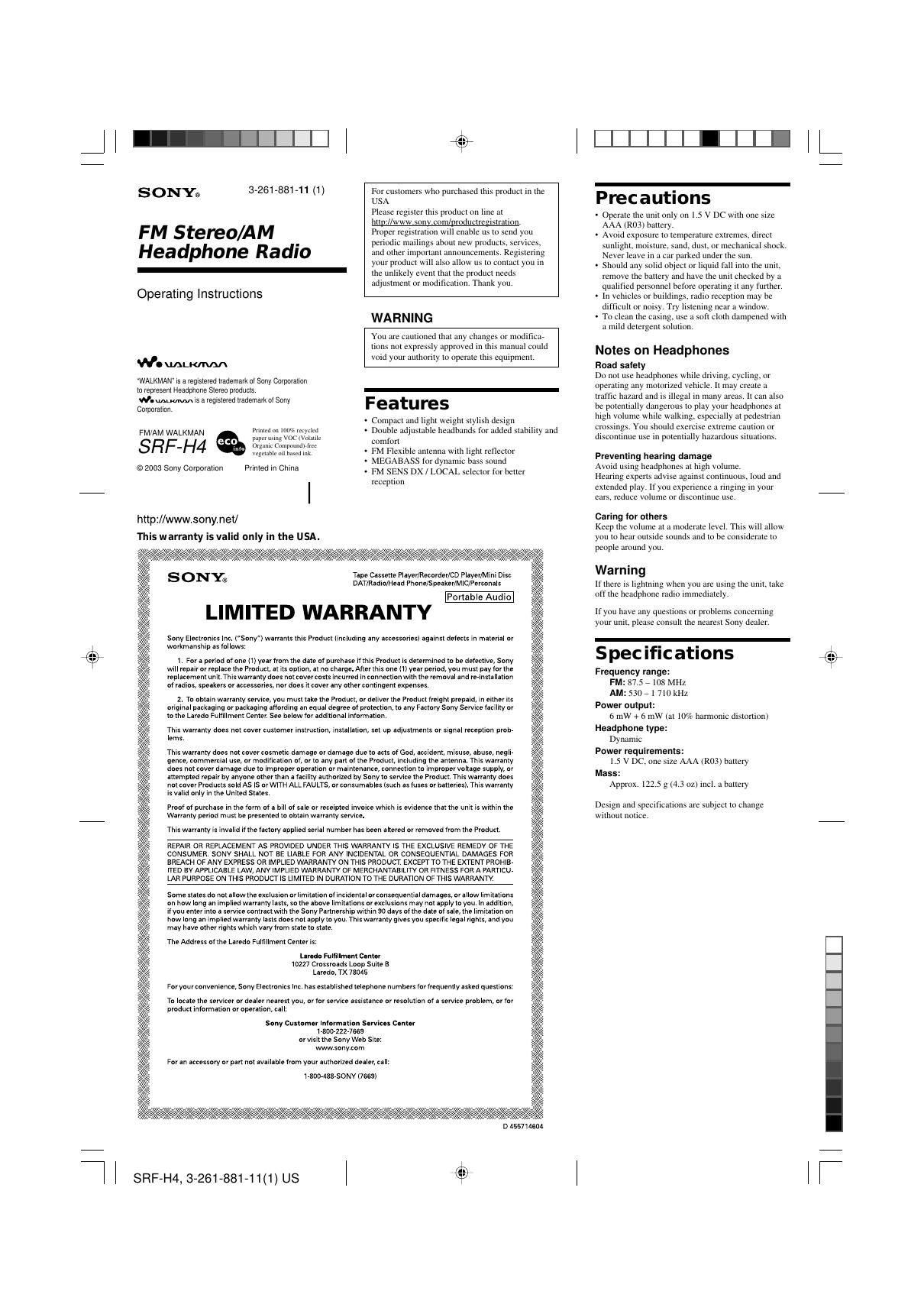 sony srf h 4 owners manual