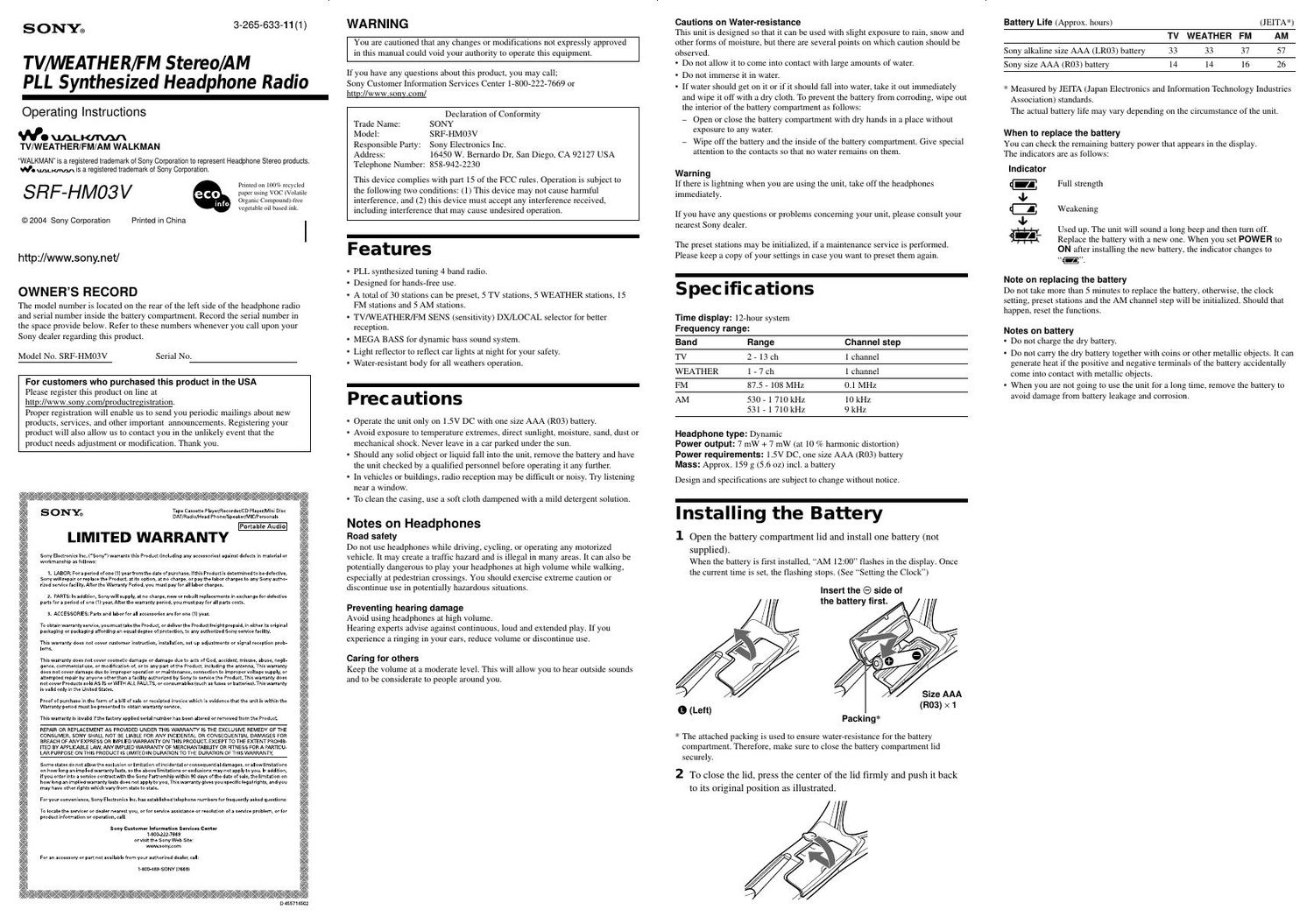 sony srf hm 03 v owners manual