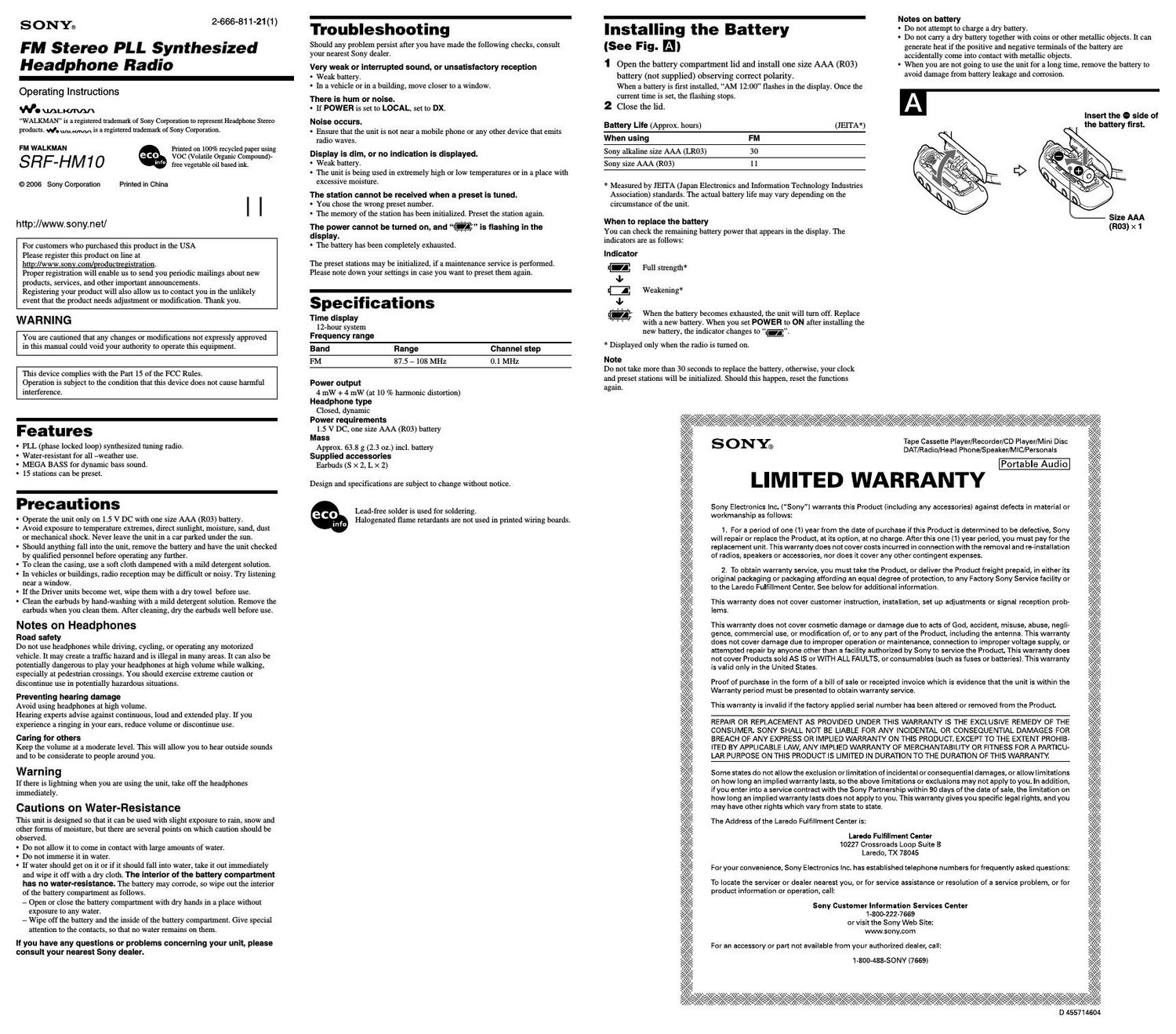 sony srf hm 10 owners manual