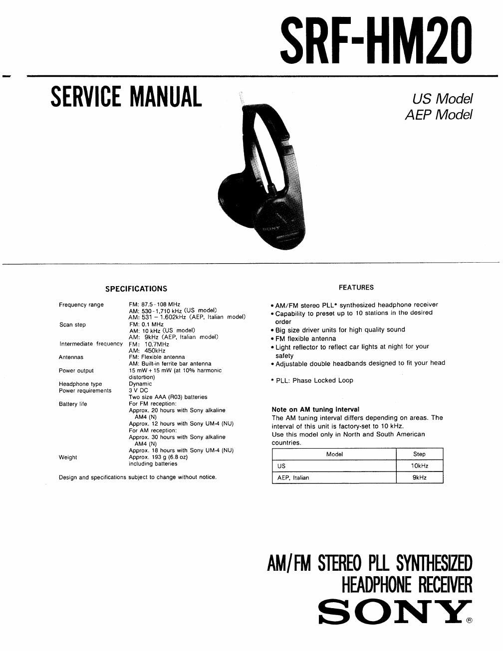 sony srf hm 20 service manual
