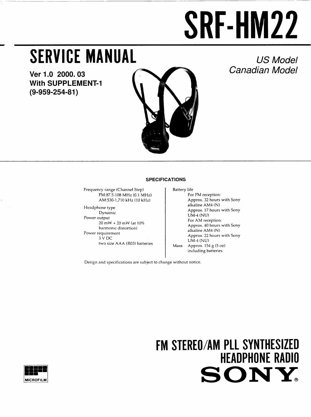 sony srf hm 22 service manual