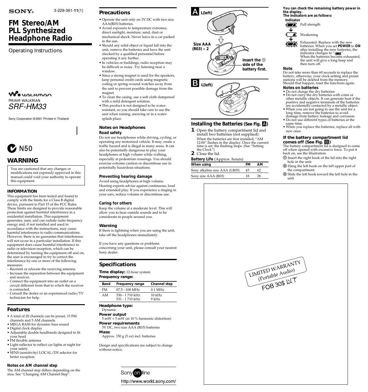 sony srf hm 33 owners manual