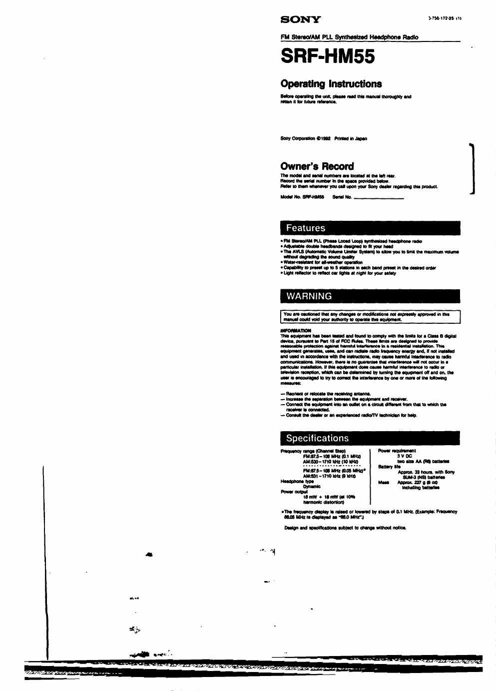 sony srf hm 55 owners manual