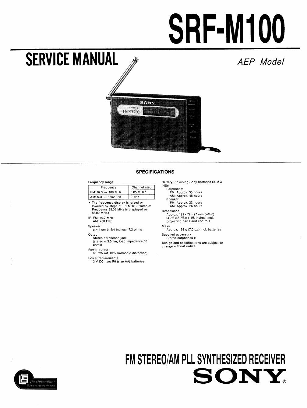 sony srf m 100 service manual