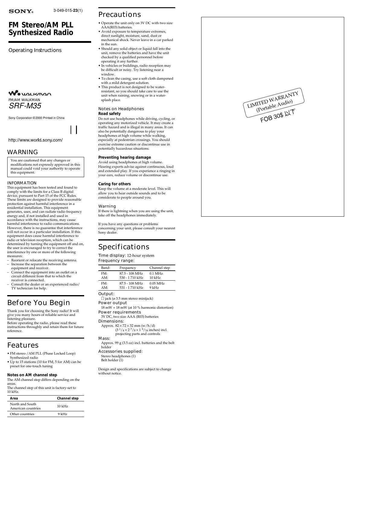 sony srf m 35 owners manual