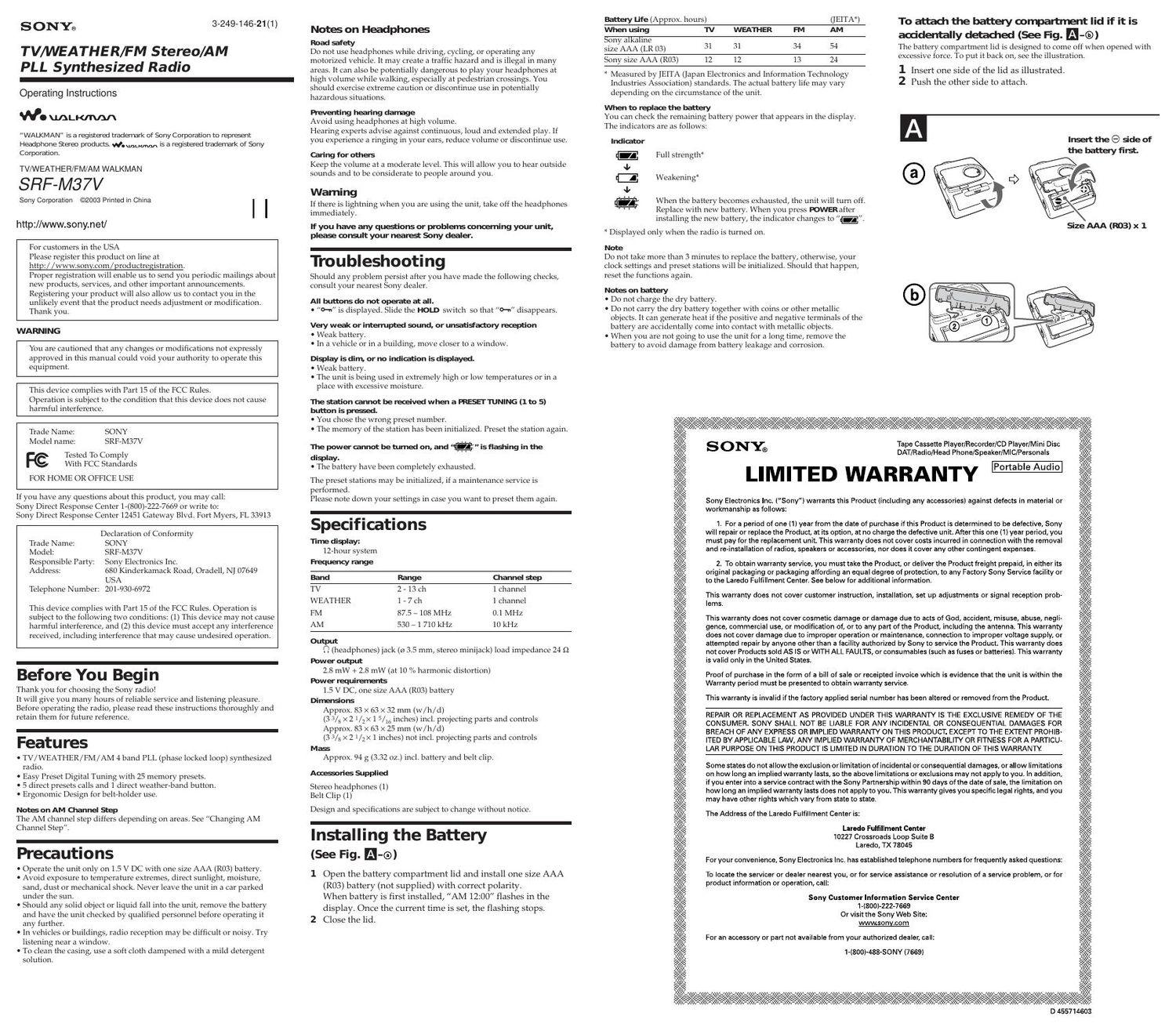 sony srf m 37 v owners manual