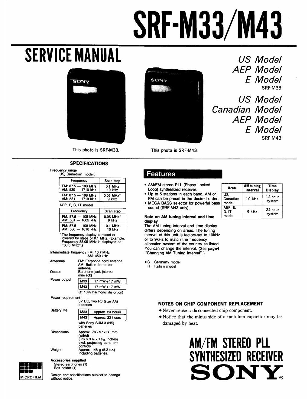 sony srf m 43 service manual