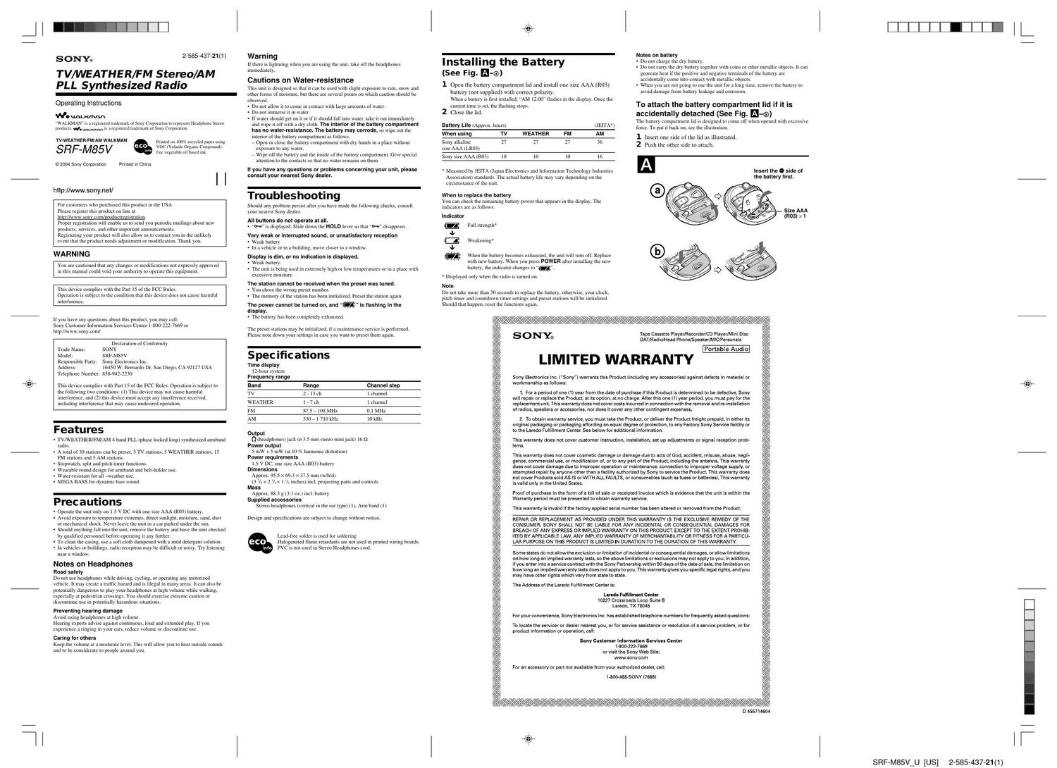 sony srf m 85 v owners manual