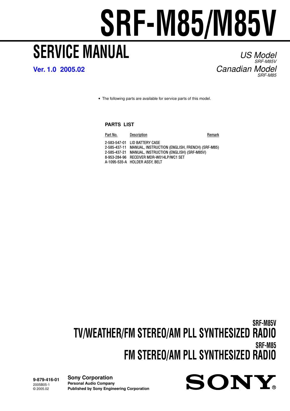 sony srf m 85 v service manual