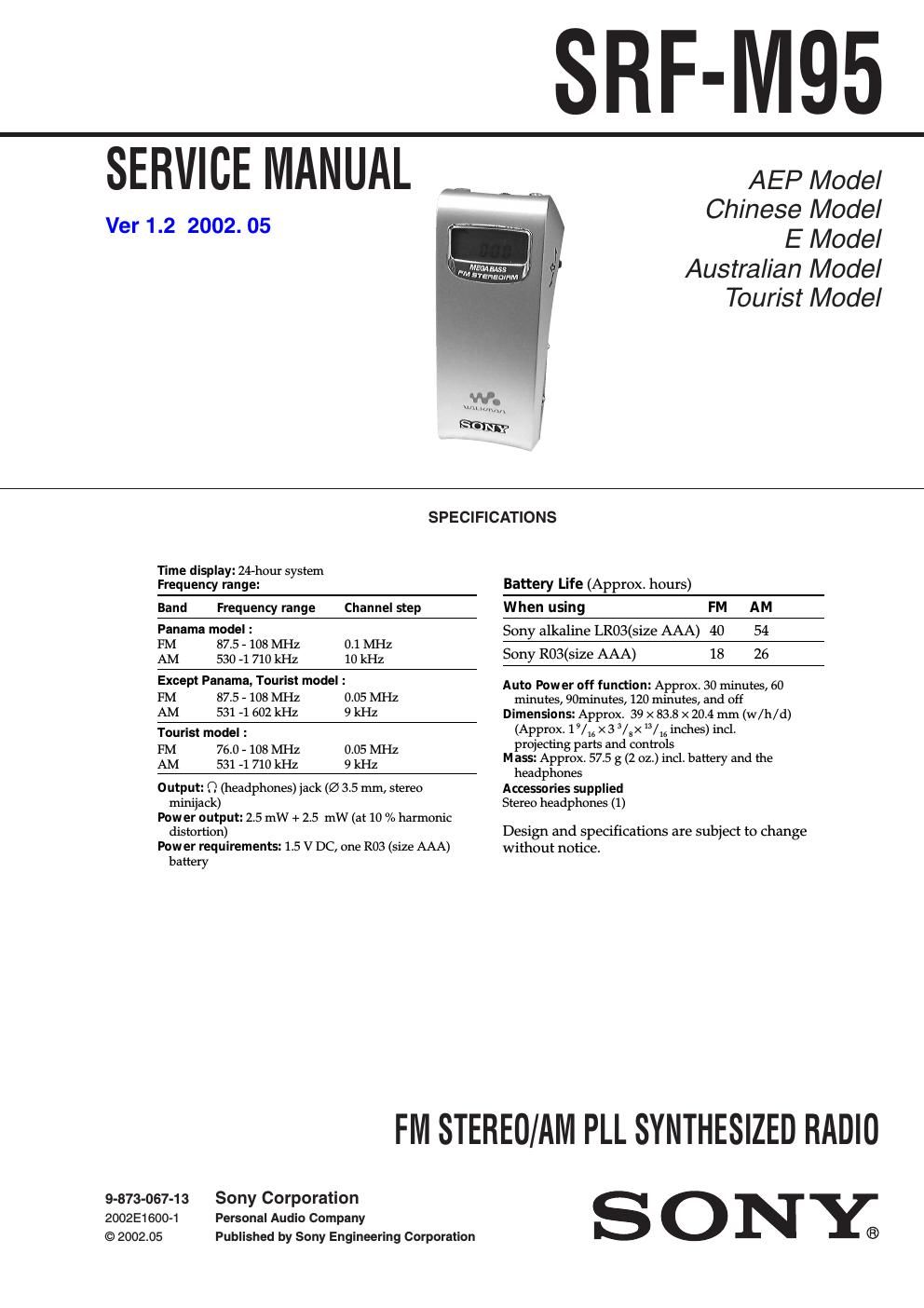 sony srf m 95 service manual