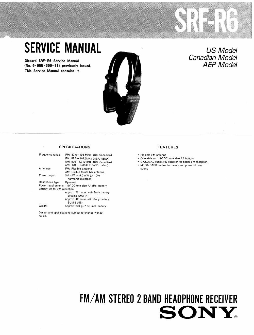 sony srf r 6 service manual