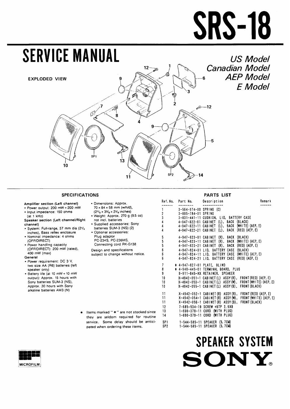 sony srs 18 service manual