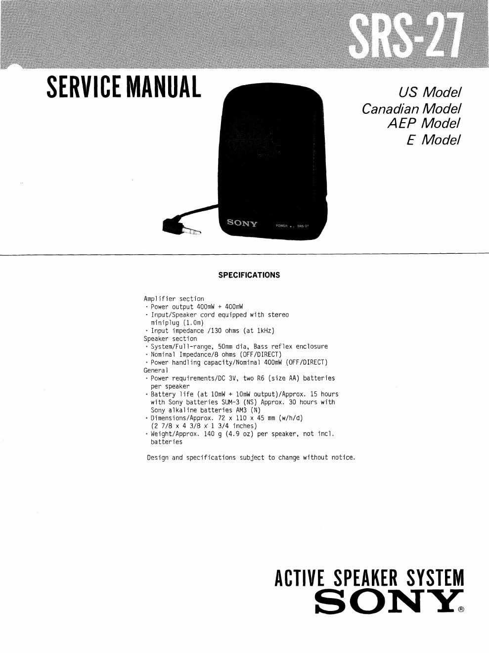 sony srs 27 service manual