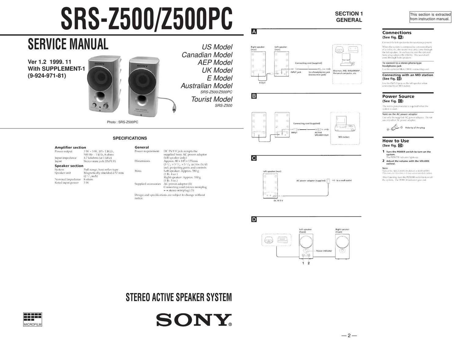 sony srs 500 service manual