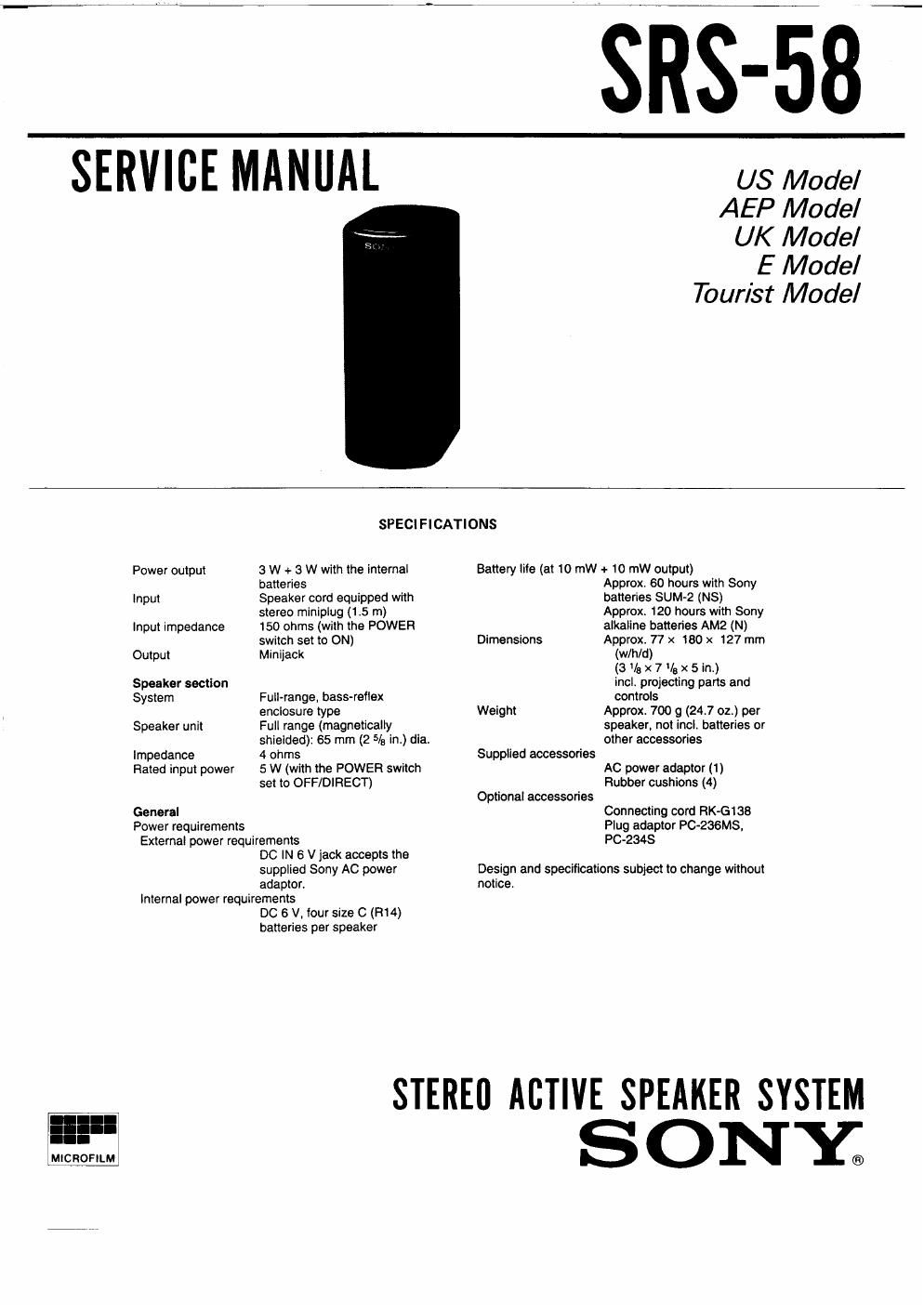 sony srs 58 service manual