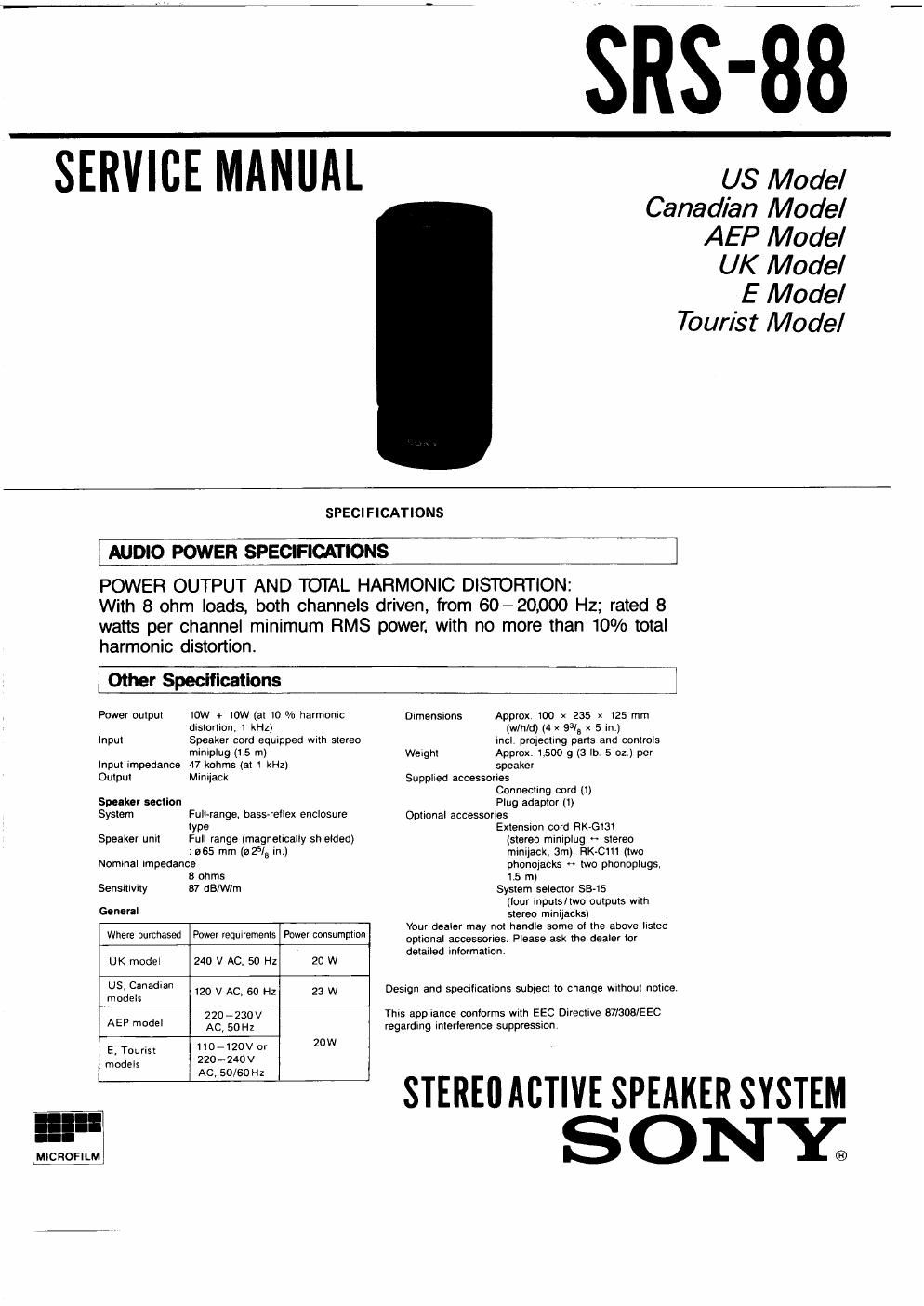 sony srs 88 service manual