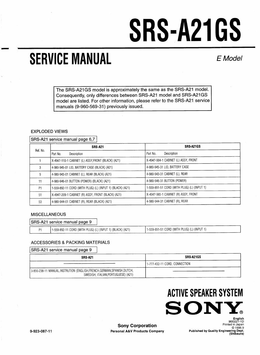 sony srs a 21 gs service manual