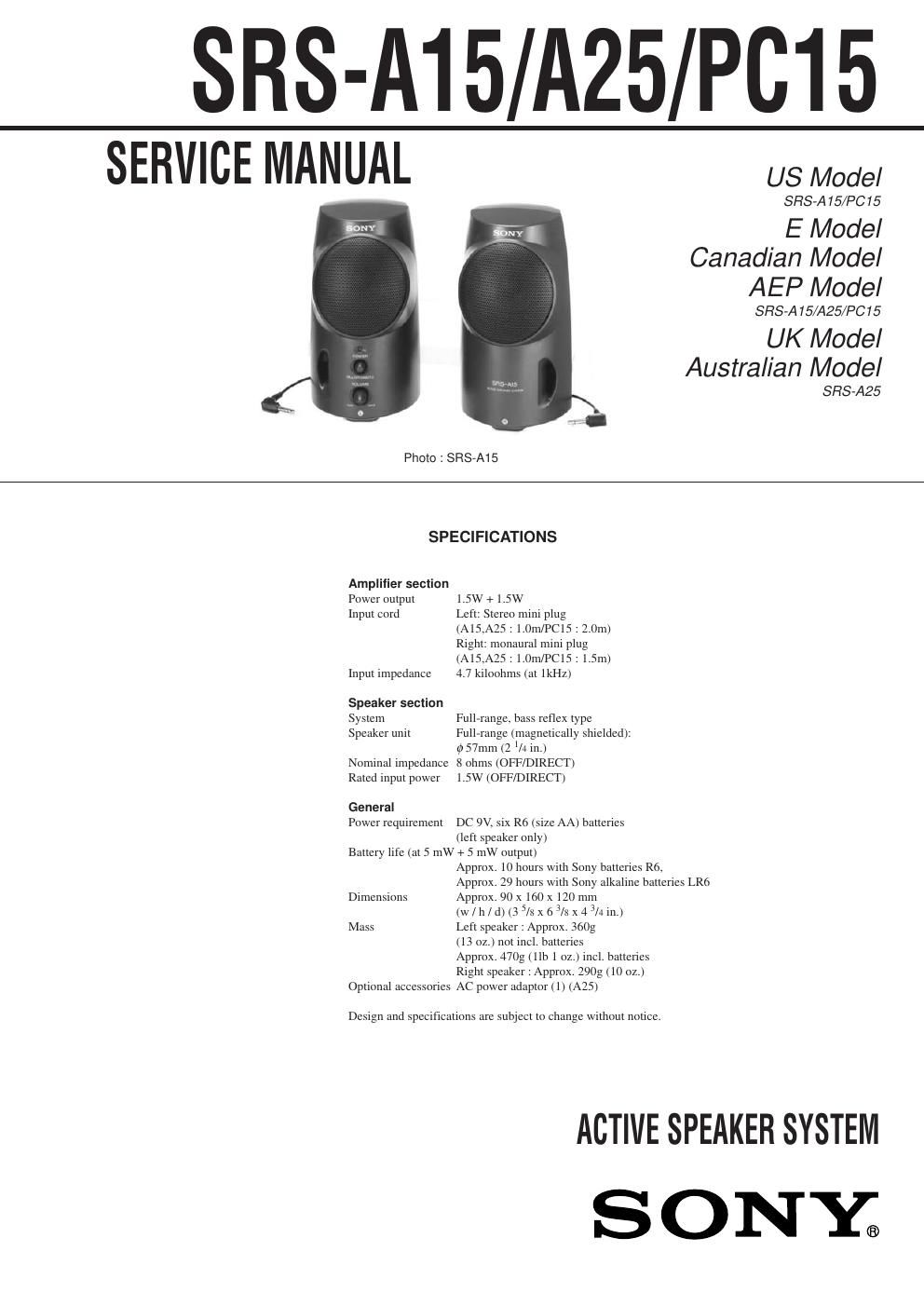 sony srs a 25 service manual