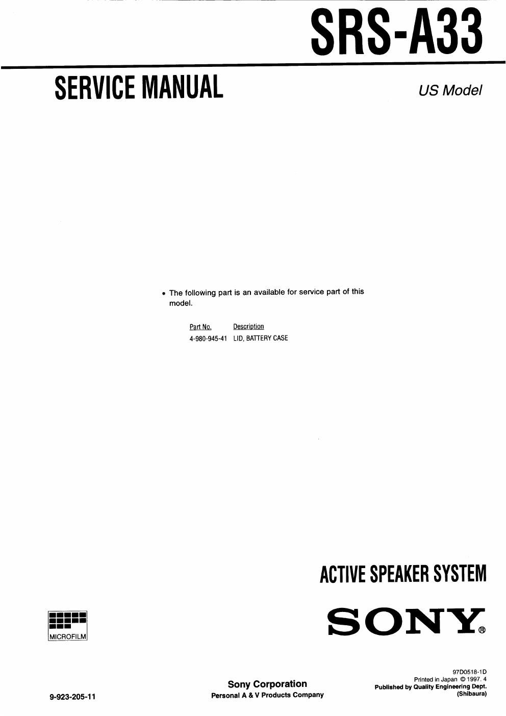 sony srs a 33 service manual