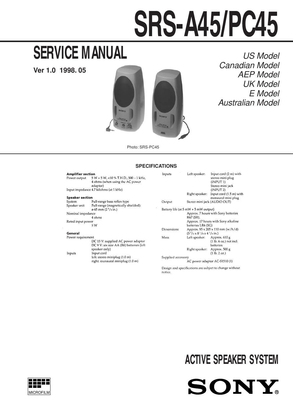 sony srs a 45 service manual