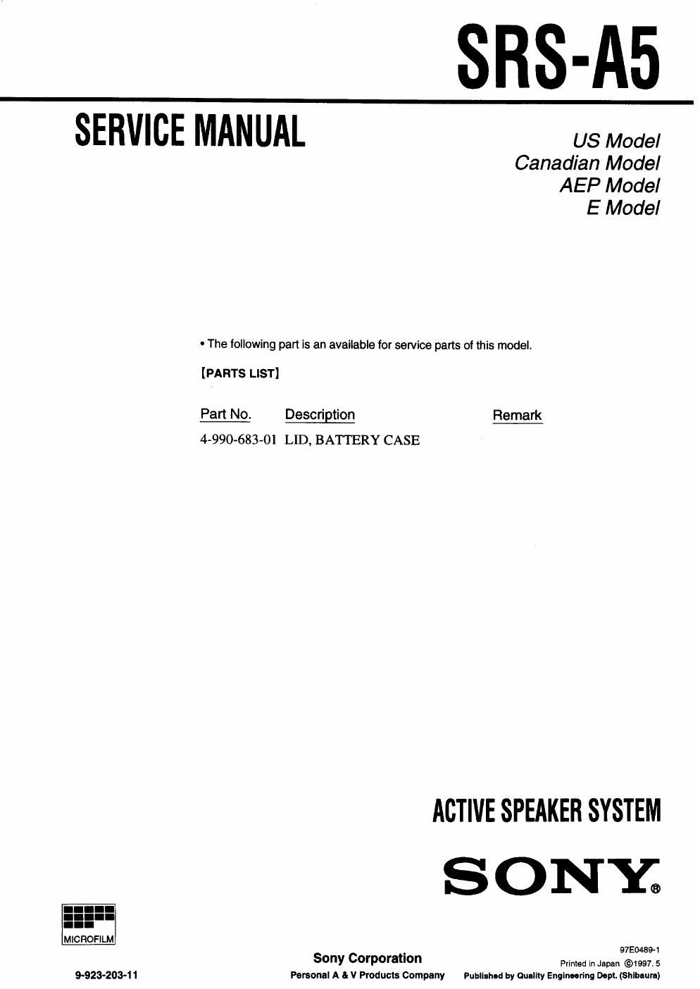 sony srs a 5 service manual