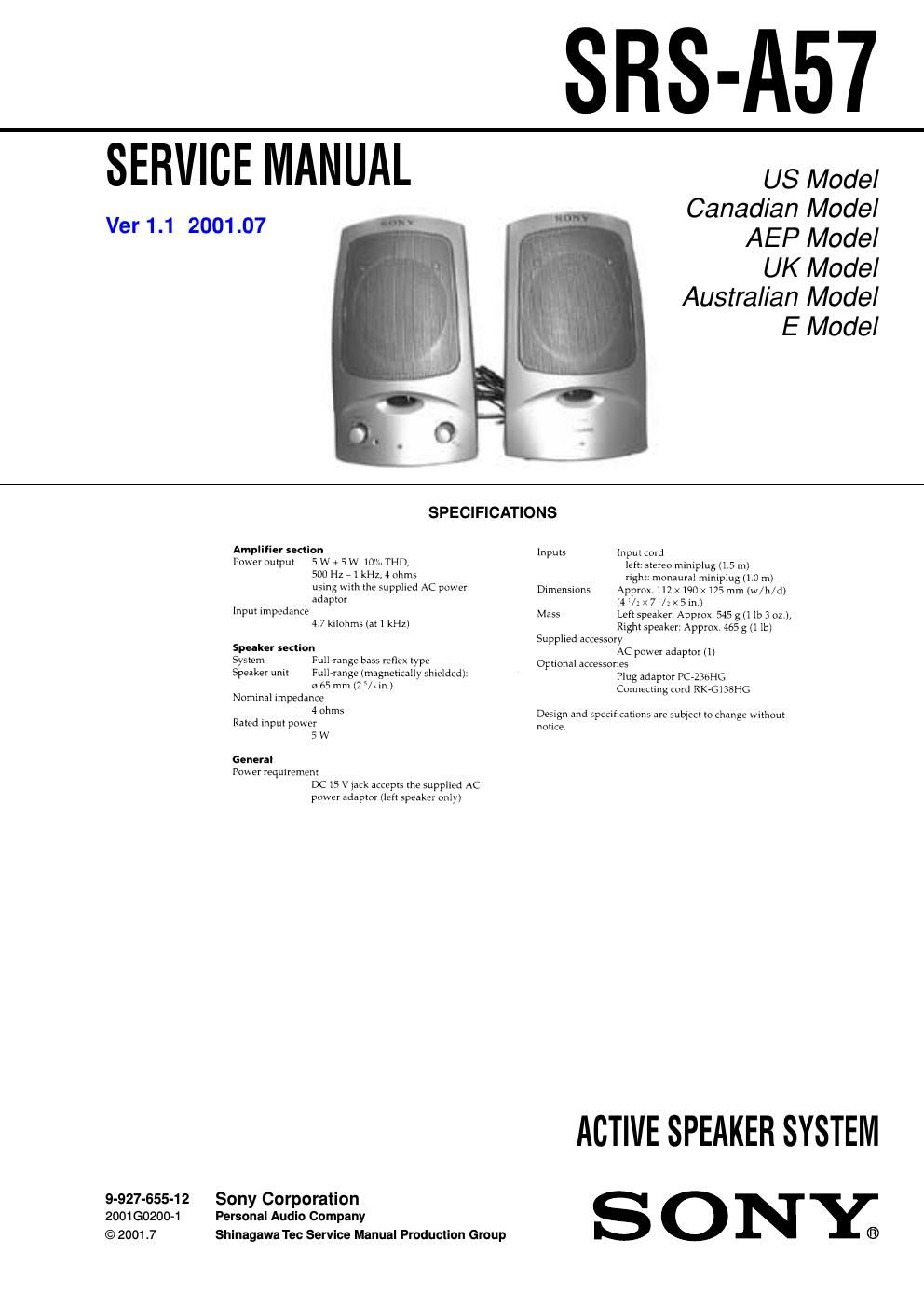 sony srs a 57 service manual