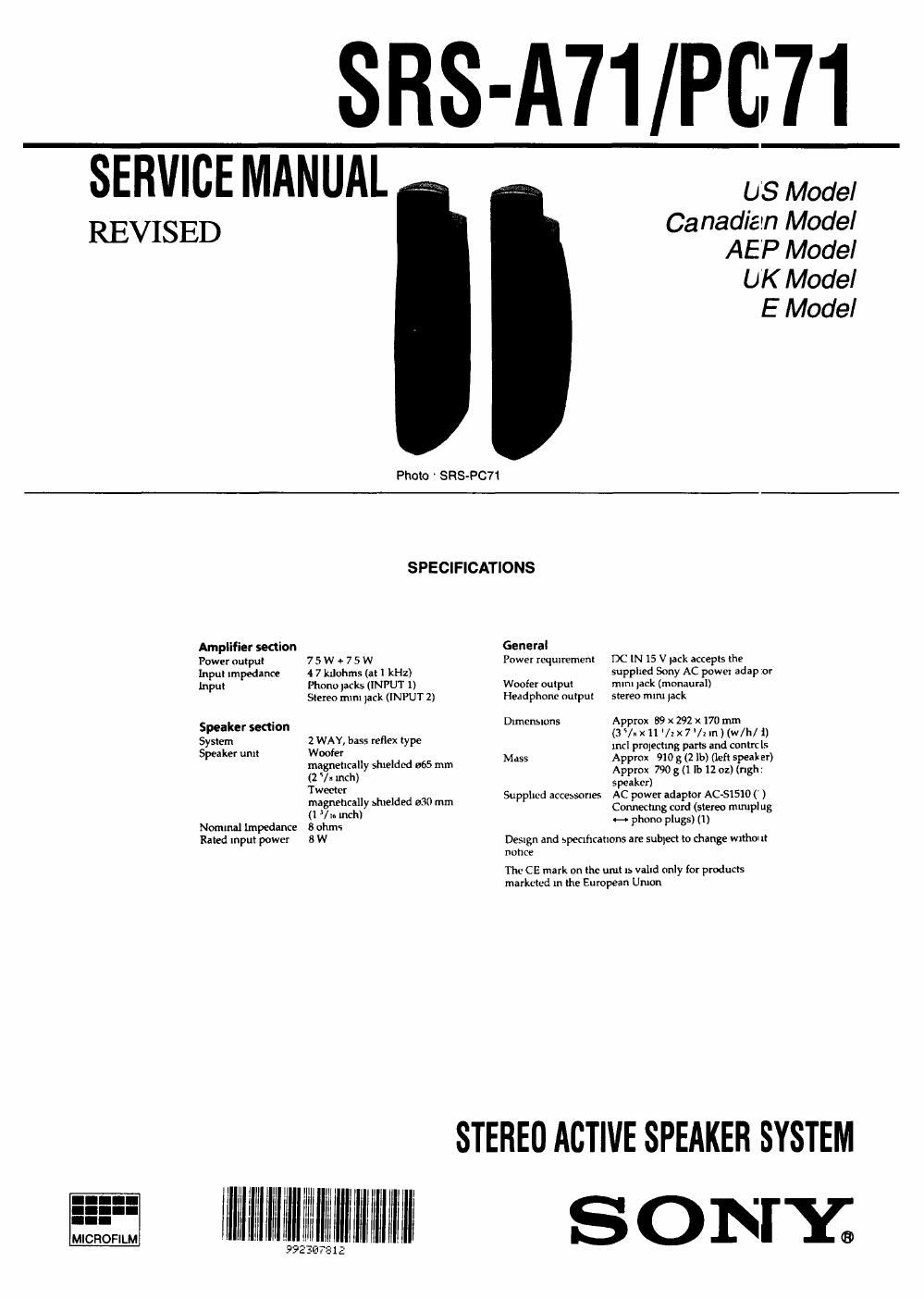 sony srs a 71 service manual