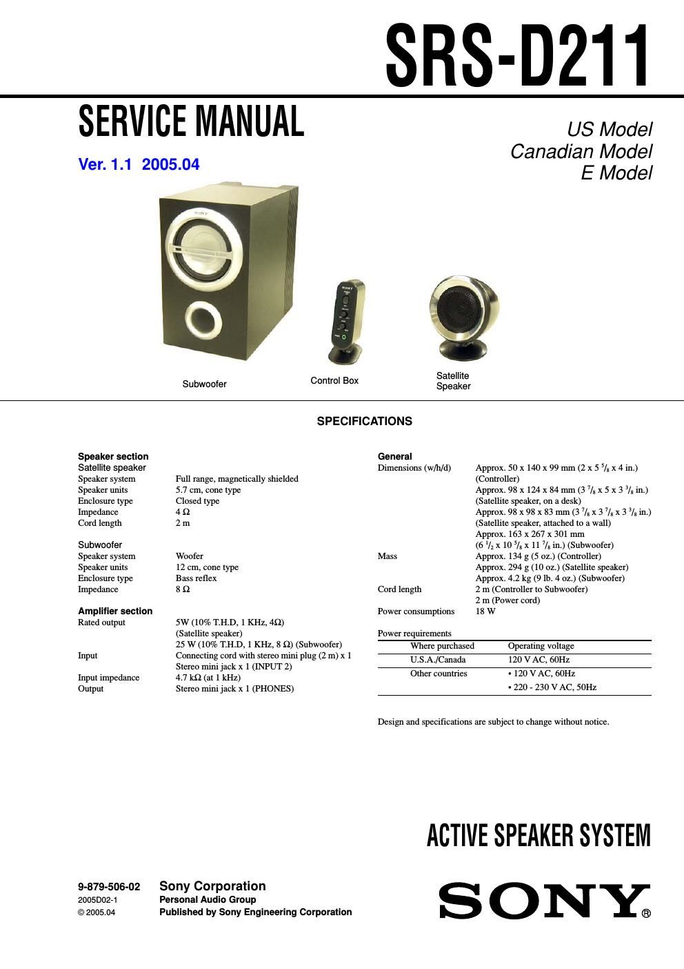 sony srs d 211 service manual