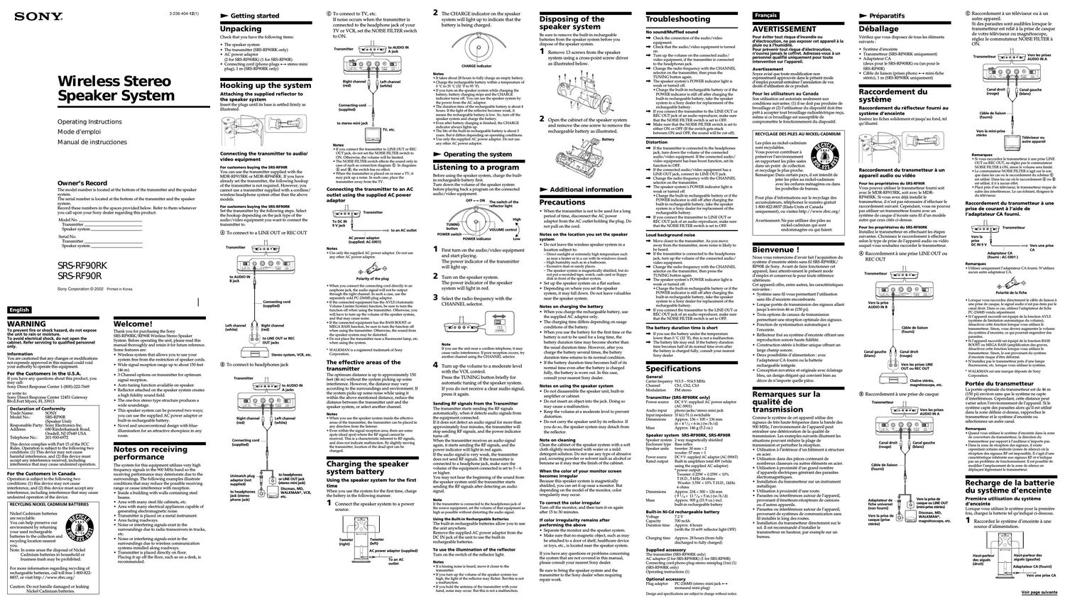 sony srs rf 90 rk owners manual