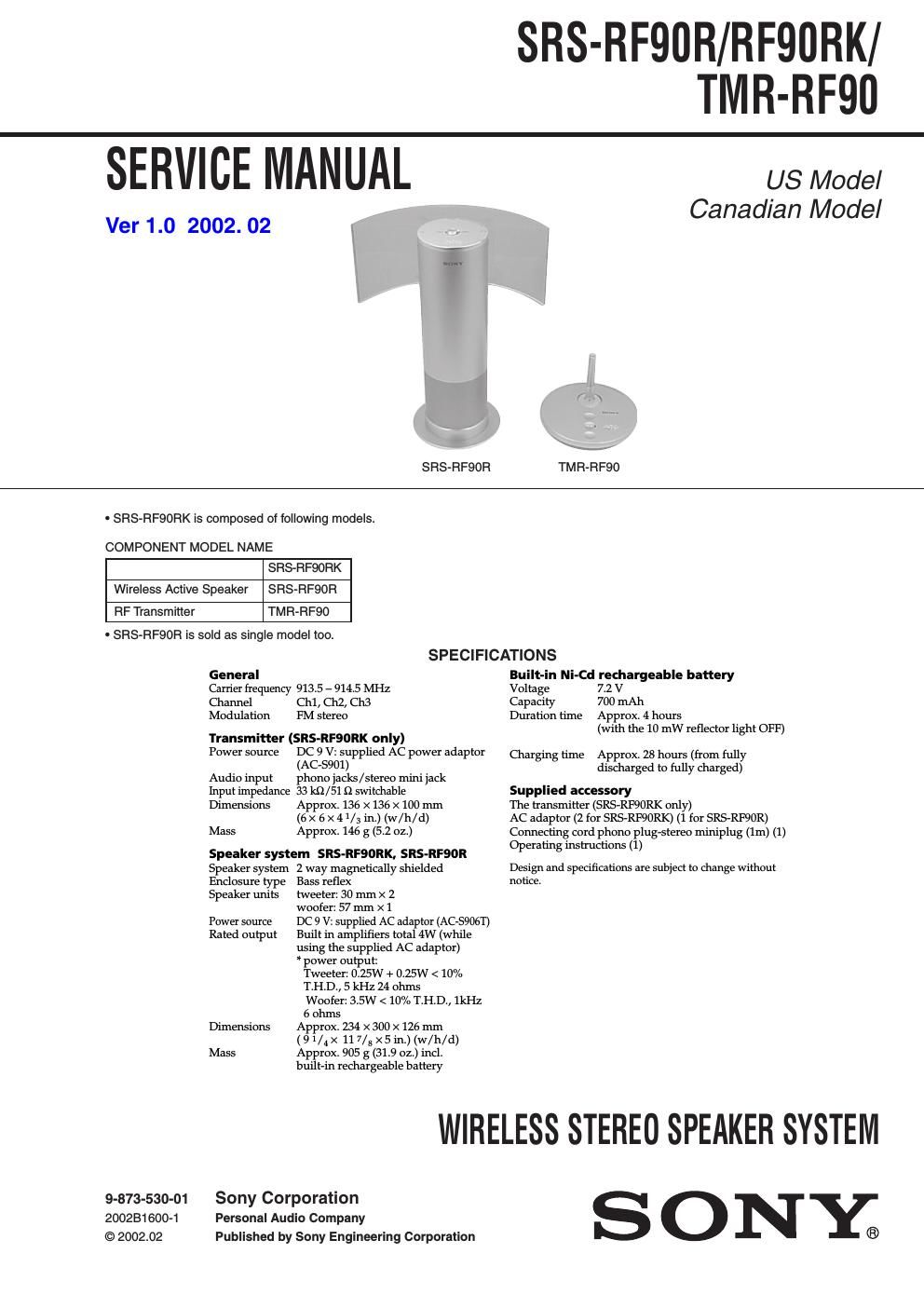 sony srs rf 90 rk service manual