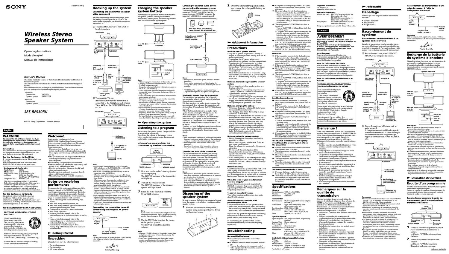 sony srs rf 930 rk owners manual