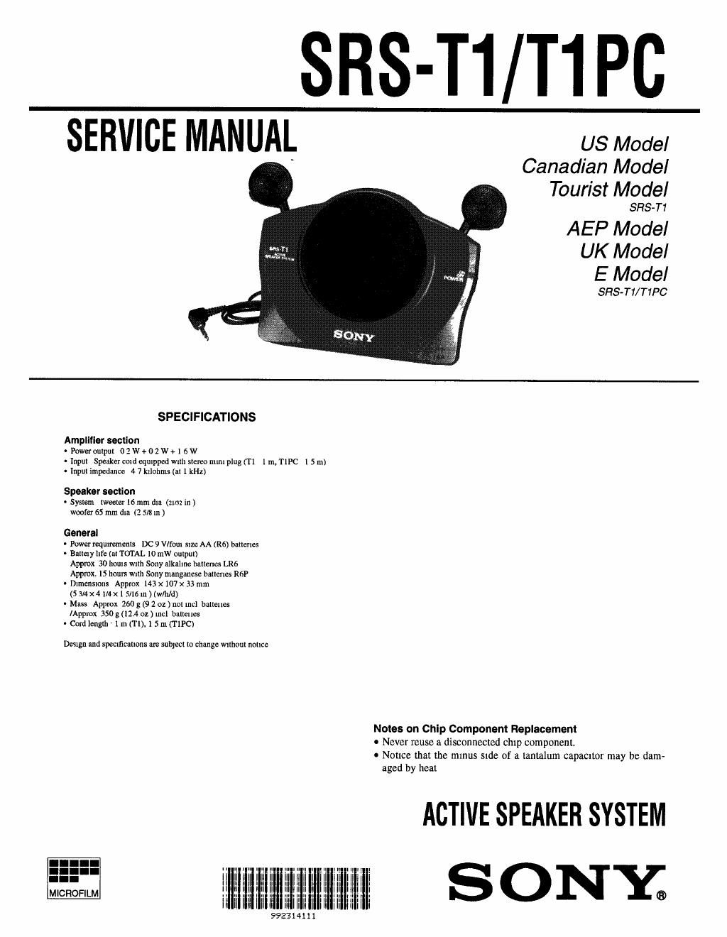sony srs t 1 service manual