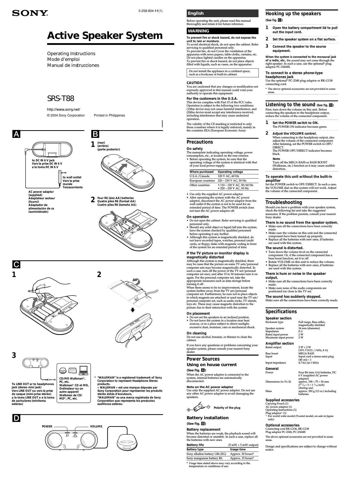 sony srs t 88 owners manual