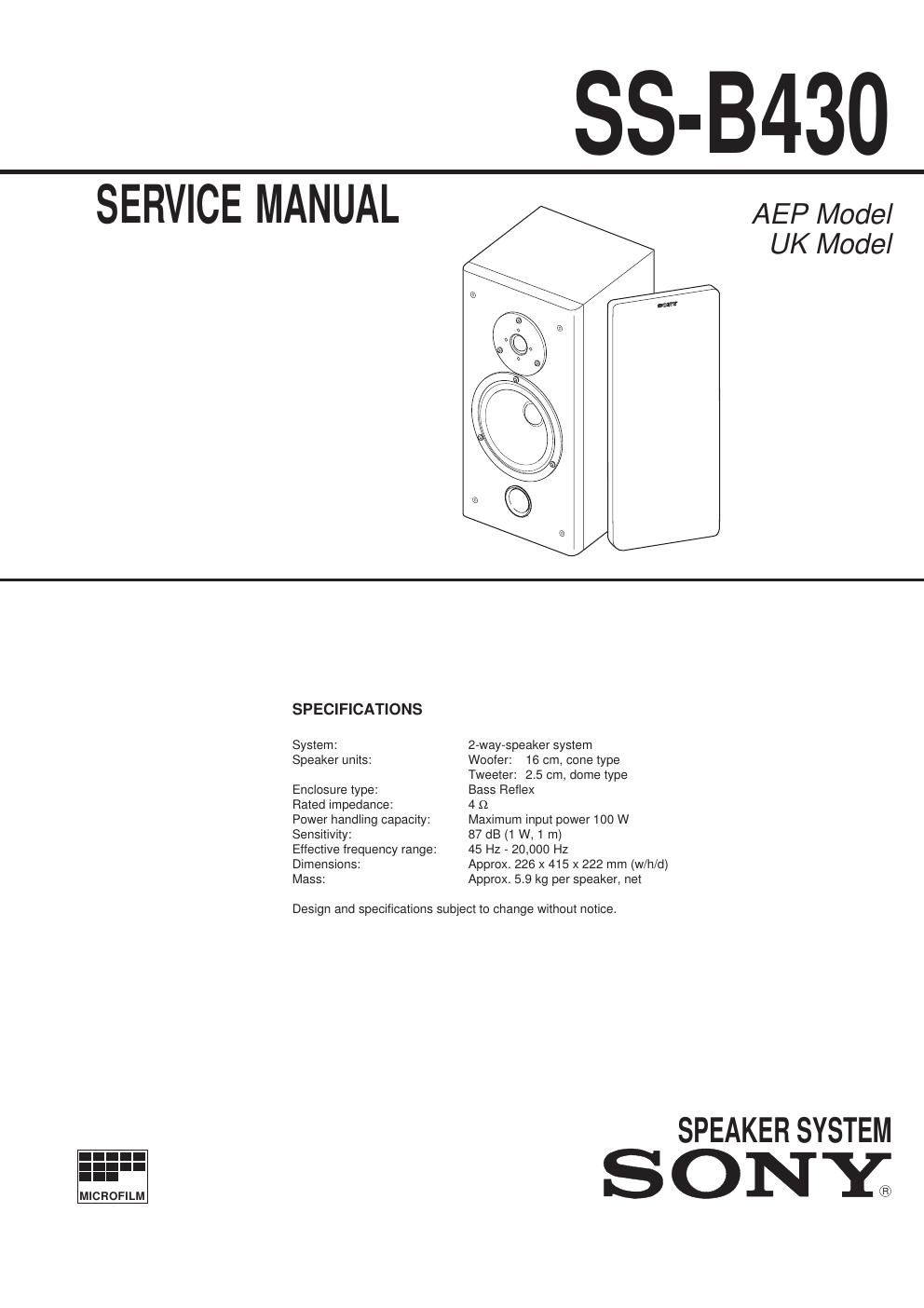 sony ss b 430 service manual