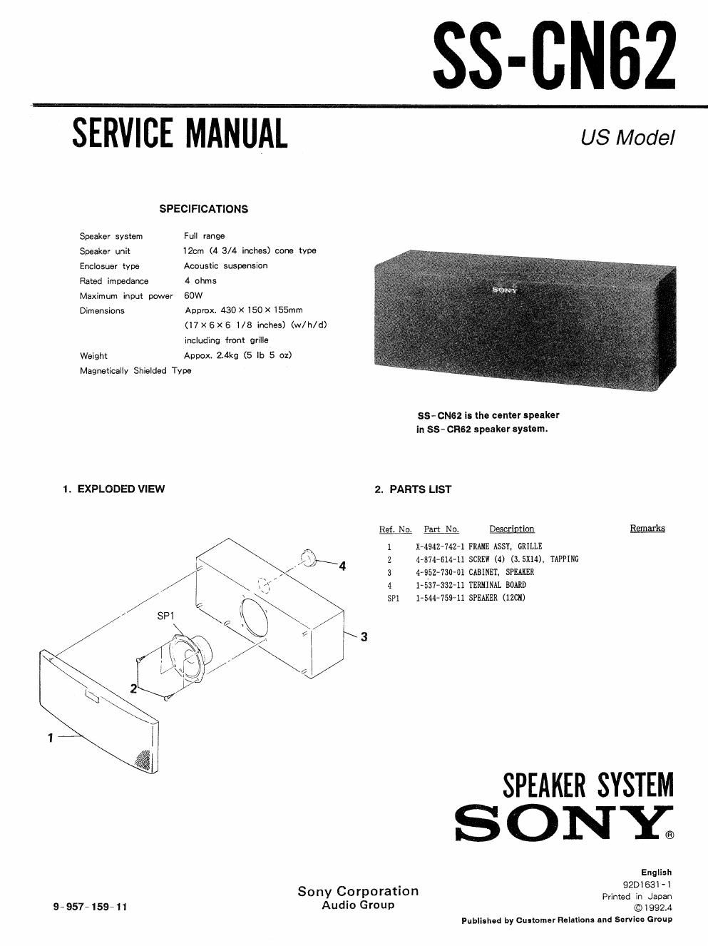 sony ss cn 62 service manual