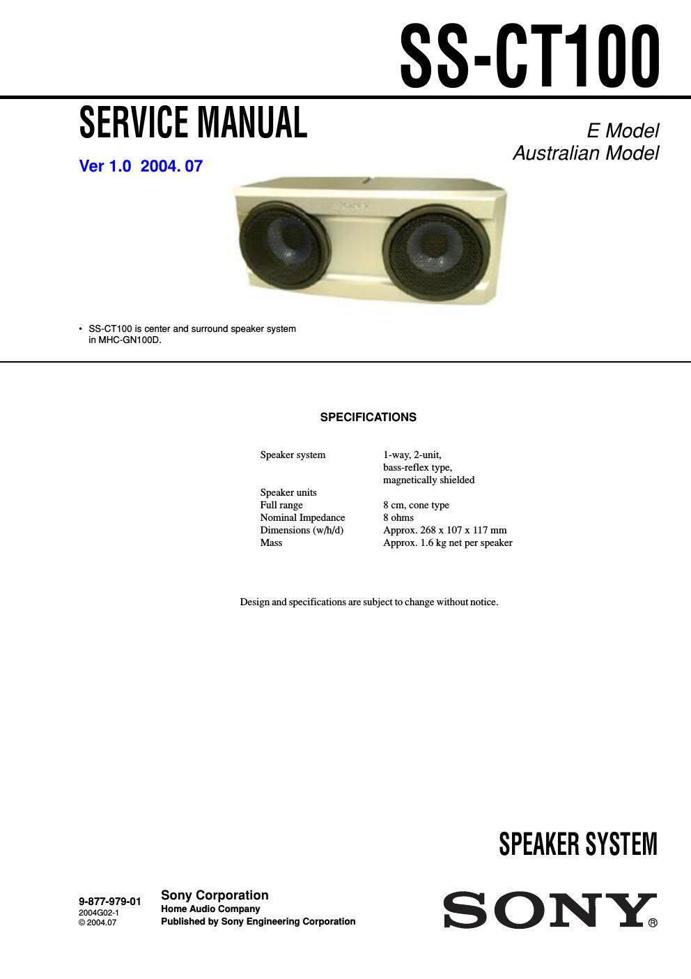 sony ss ct 100 service manual