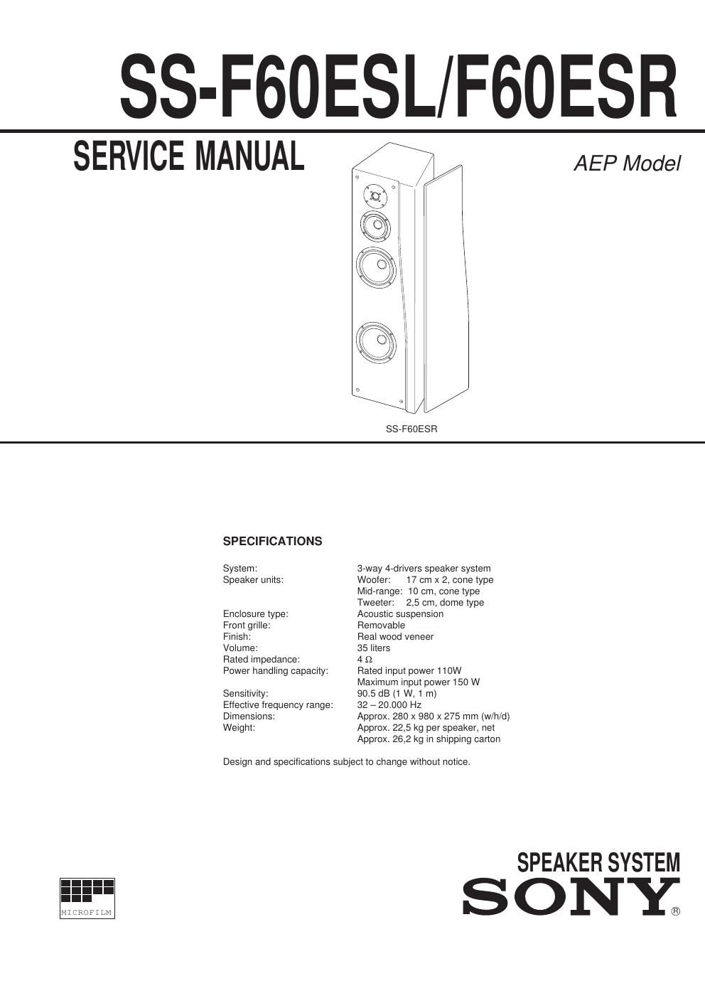 sony ss f 60 esr service manual