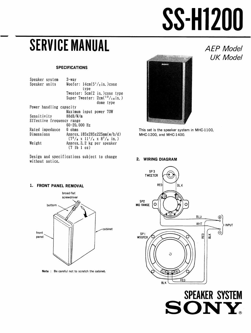 sony ss h 1200 service manual