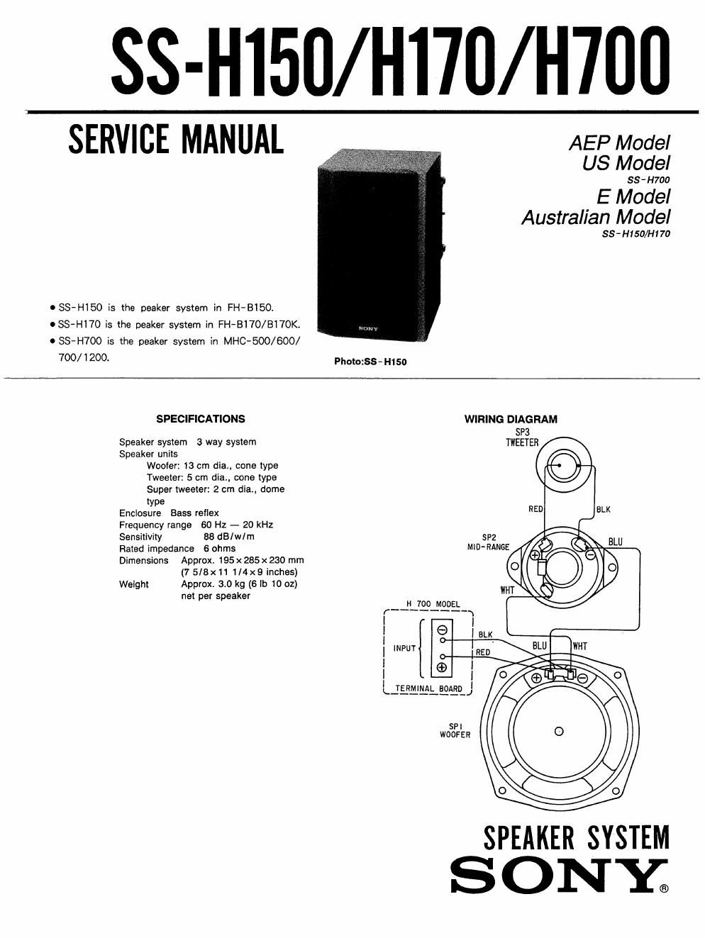sony ss h 150 service manual