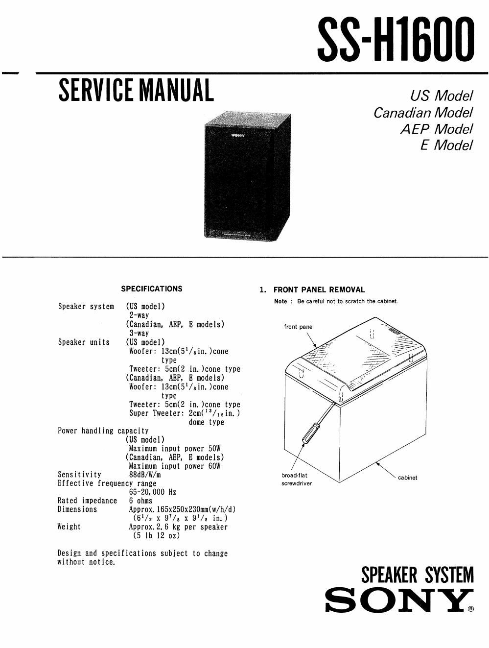 sony ss h 1600 service manual